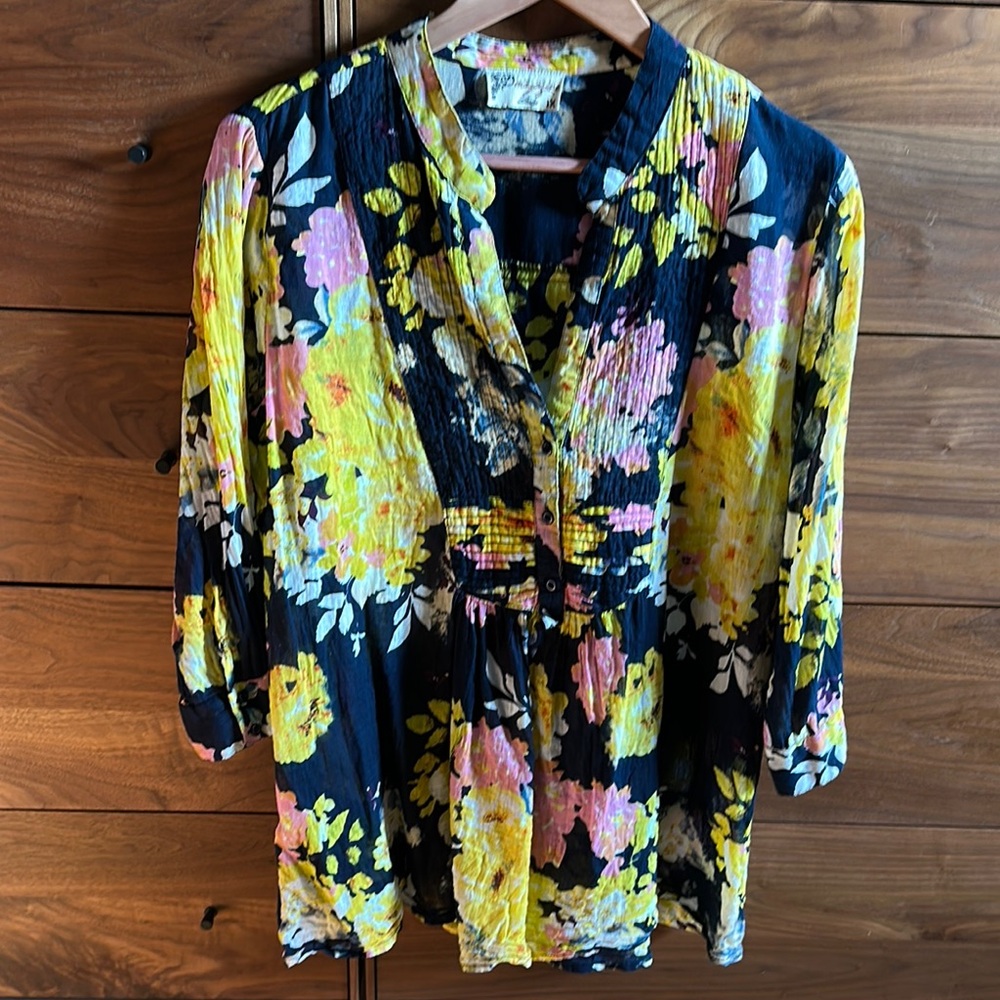 Modcloth Yellow and Blue Pleated Blouse with Mandarin Collar